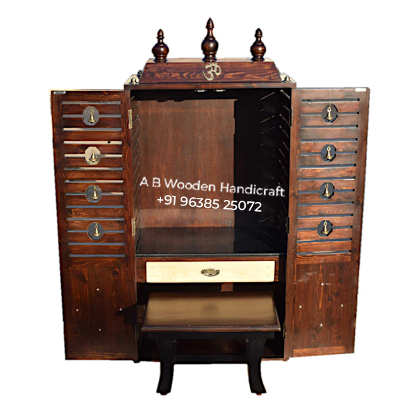 Cherry finish Mandir with sitting stool